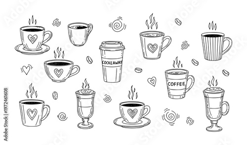Cozy coffee cups doodle set hand drawn cafe drinks with steam vector illustration