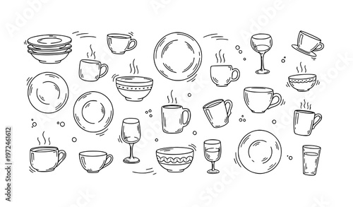 Cozy kitchen dinnerware doodle set hand drawn plates cups and bowls vector illustration