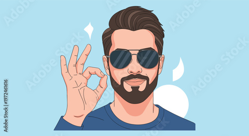 Stylish man with a beard and sunglasses smiles and shows an okay hand gesture against a light blue background.