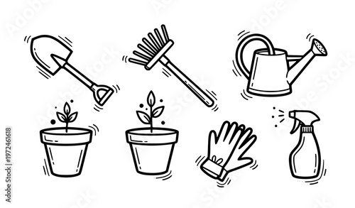 Sticker style gardening doodle icons bold outline plant care tools vector set