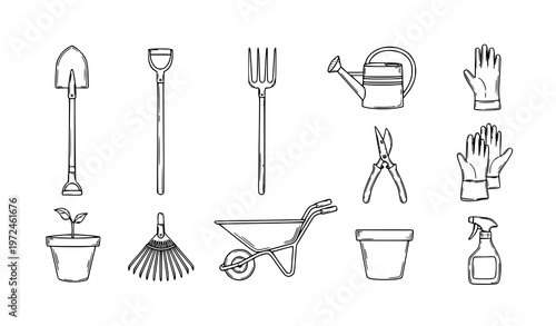 Gardening tools doodle icon set hand drawn garden equipment outline vector collection