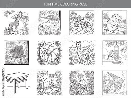 Fun time coloring page series featuring giraffe shark bee gopher porcupine spider llama bird table lemur monkey angelfish