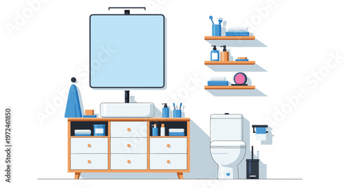 Clean and modern bathroom interior includes a white sink and toilet with wooden shelves holding various towels.