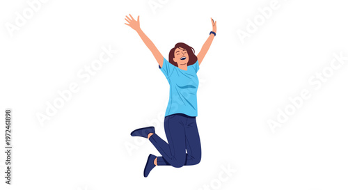 Joyful young woman wearing a blue t-shirt and jeans jumps high in the air to express her freedom and happiness.