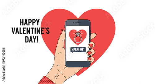 Hand holds a smartphone showing a marriage proposal message on valentines day against a large red heart symbol.