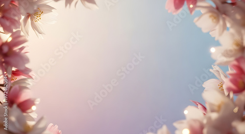 Soft light illuminates frame of cherry blossom flowers against a pastel gradient background.
