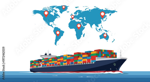 Large cargo ship loaded with colorful containers sails across the ocean under a world map with global markers.