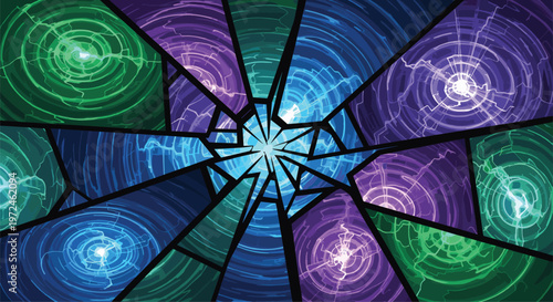 Abstract background with a dynamic shattered glass effect, revealing vibrant spiral energy patterns in blue, green, and purple light.