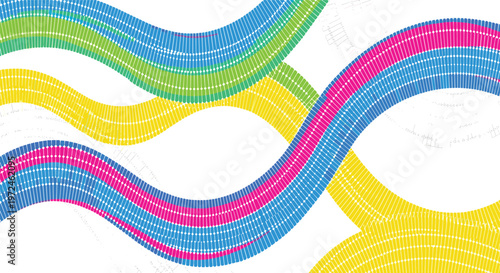 Abstract background featuring broad, undulating wavy bands composed of small dots in vibrant blue, green, pink, and yellow against a white canvas.