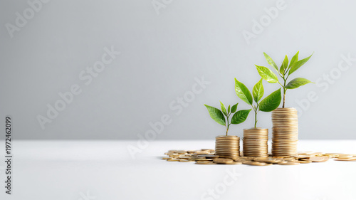 Sustainable Financial Growth Concept. - Young Trees Sprouting from Stacked Coins on Clean Minimal Background.