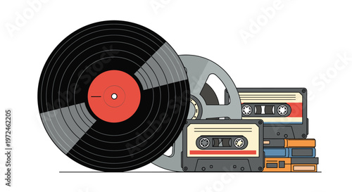 Collection of vintage audio equipment including a vinyl record and several cassette tapes and a tape player.