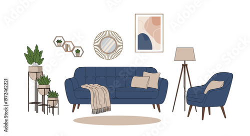 Stylish modern living room interior design featuring a comfortable blue sofa, matching armchair, indoor plants, and floor lamp.