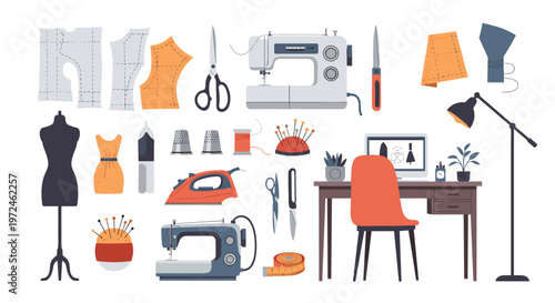 Comprehensive set of dressmaking tools and equipment including sewing machines, mannequin, iron, and fashion design workspace.