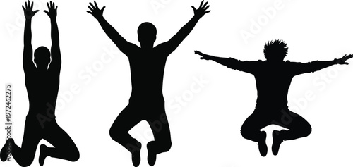 Three silhouettes demonstrating joyful jumping and stretching poses in mid-air. Vector