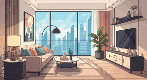 Spacious modern living room design with large floor to ceiling windows providing a breathtaking view of a urban city skyline.