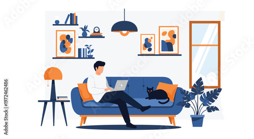 Man working remotely from home on a laptop while sitting on a sofa with his pet black cat in a modern living room.