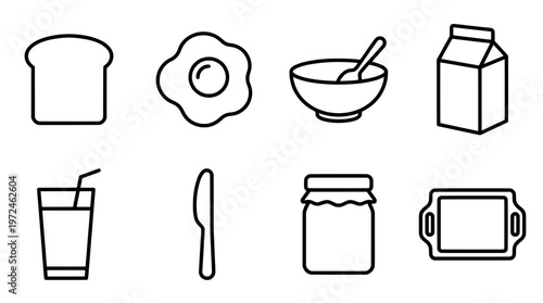 Breakfast food icons simple outlines of toast eggs cereal milk juice and more