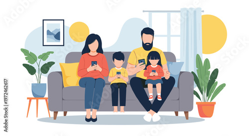 Family of four sitting together on a living room sofa while distracted by their individual smartphones and digital devices.