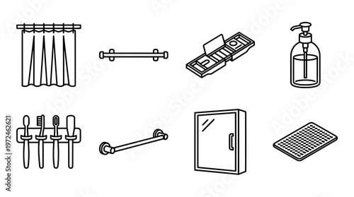 Bathroom essentials illustrated soap dispenser shower curtain and more