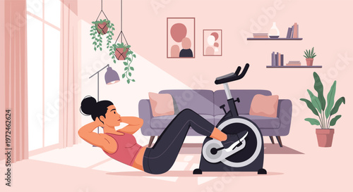 Young woman performing fitness exercises in her living room at home next to a stationary exercise bike for health.