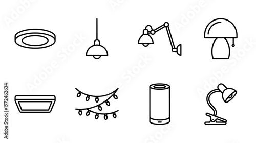 Collection of minimalist lamp designs in line art style for interior concepts