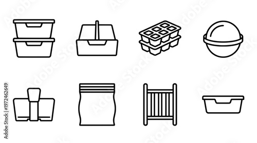 Collection of organized containers and packages line art for design