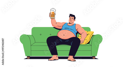 Overweight man relaxing on a green sofa while holding a large glass of beer and showing an unhealthy lifestyle.