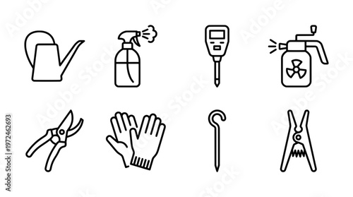 Gardening tools icon set watering can sprayer meter pruner vector