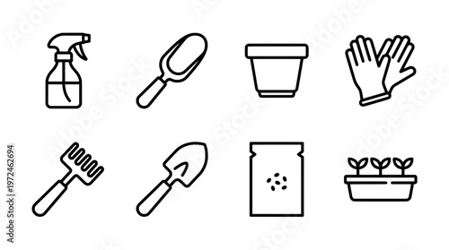 Gardening tools vector outline illustrations for botanical and horticultural designs