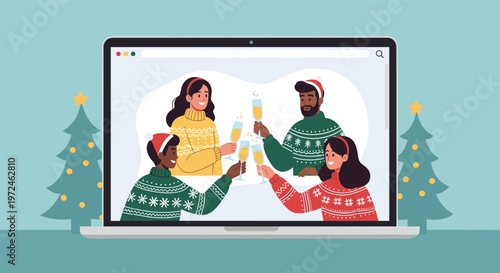 Friends celebrating a festive holiday together through a virtual video call conference on a laptop computer screen.