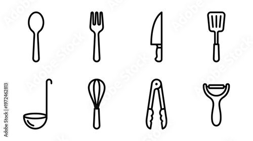 Minimalist kitchen utensils set spoon fork knife spatula whisk tongs peeler