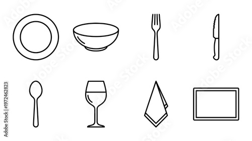 Minimalist line art of dinnerware and dining elements for culinary design
