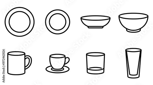 Minimalist line art of dishware set for dining and culinary concepts
