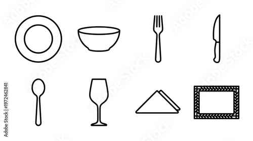 Minimalist outline illustration of various dining utensils and tableware