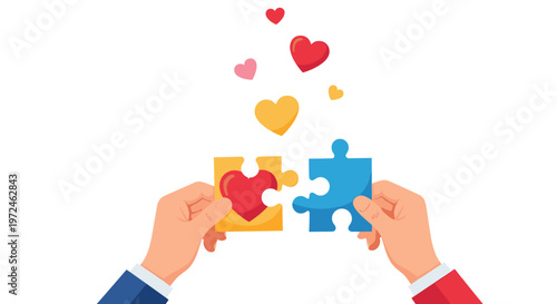Two hands connecting puzzle pieces with a heart shape symbolizing love, relationship, compatibility, and partnership.