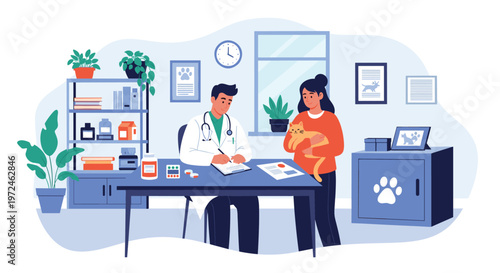 Professional veterinarian examining a pet cat while talking to its owner in a modern animal clinic office environment.