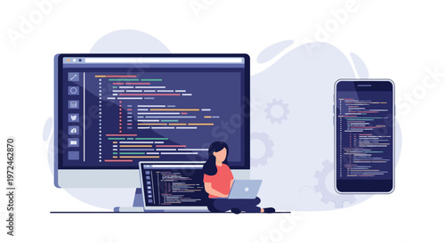 Female software developer working on computer code while sitting on the floor with a laptop and a large monitor.