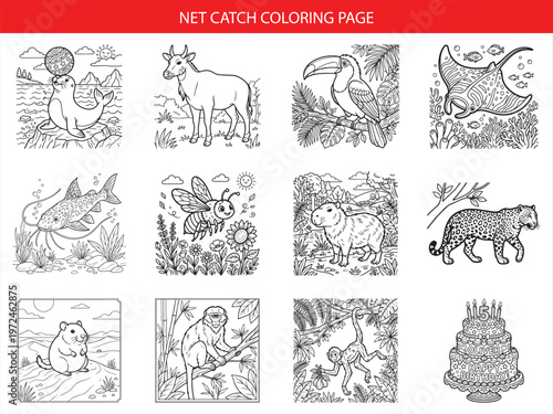 Set of cute animal coloring page collection featuring wild species and birthday cake illustration for educational creative activity