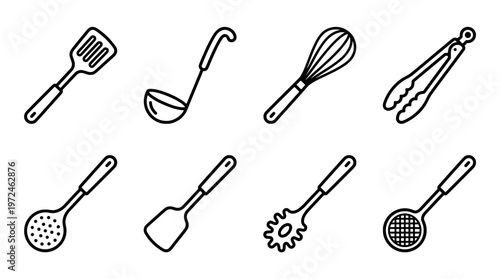 Outline kitchen utensils set vector illustration on white background