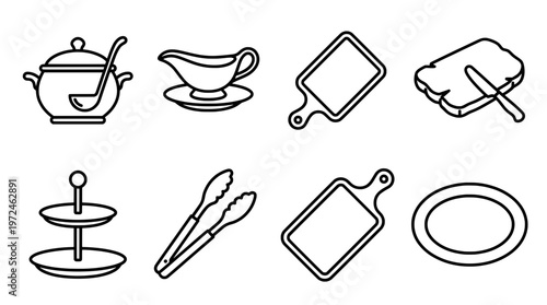 Outlined kitchen utensils and food preparation elements illustration