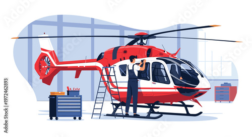 Aircraft maintenance engineer performing repair and service work on a modern helicopter inside a large airport hangar.