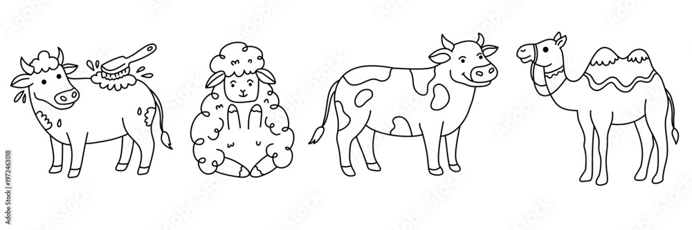 Fototapeta premium collection of farm animals for sacrifice featuring brushed cow and fluffy sheep