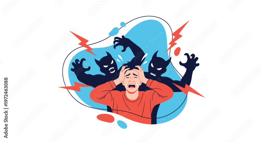 Fototapeta premium Man suffering from mental health issues and anxiety surrounded by dark shadowy monsters symbolizing inner demons.