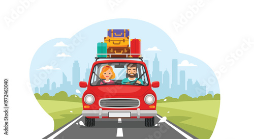 Happy couple going on a road trip vacation in a small red car with suitcases and luggage packed on the roof rack through a landscape.