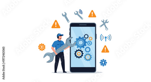 Professional mobile phone repair technician standing with a tool next to a large smartphone showing internal components.