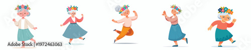 vector of a grandma happily dancing and wearing a crown of flowers on spring