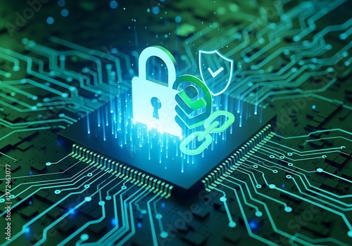 3d digital security shield with padlock icon on circuit board background cyber protection concept