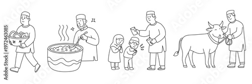 muslim family celebrating holy day by sharing food and giving charity gifts