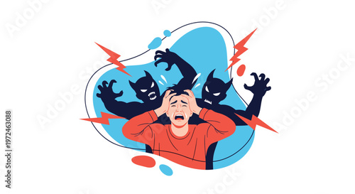 Man suffering from mental health issues and anxiety surrounded by dark shadowy monsters symbolizing inner demons.