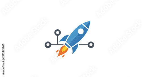 A blue rocket ship with orange flames.